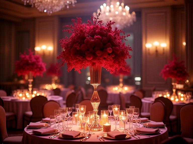 Centrotavola alto e scenografico per un evento di gala.